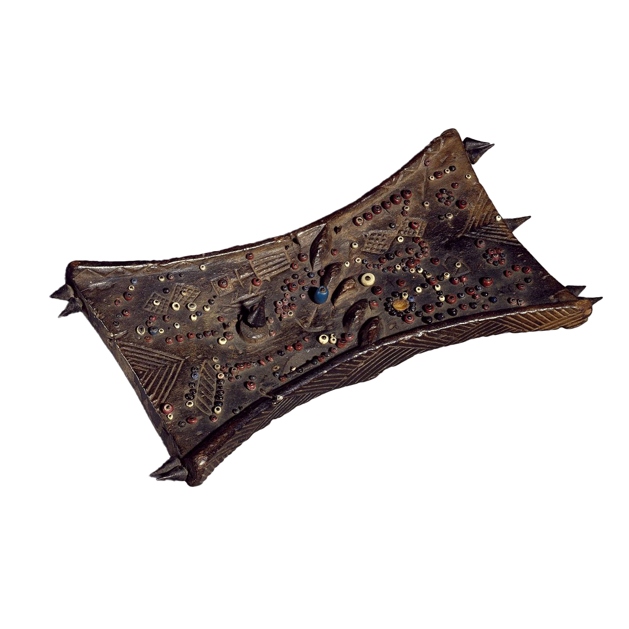 Lukasa memory board, hourglass-shaped wooden tablet covered with multicolored beads and carved symbols
