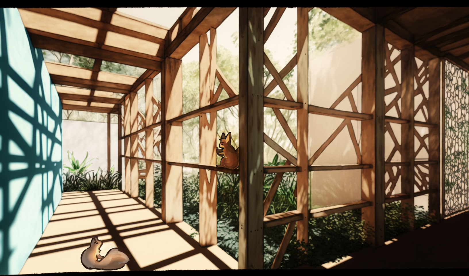 Interior of space with wooden structure, natural light and a squirrel.