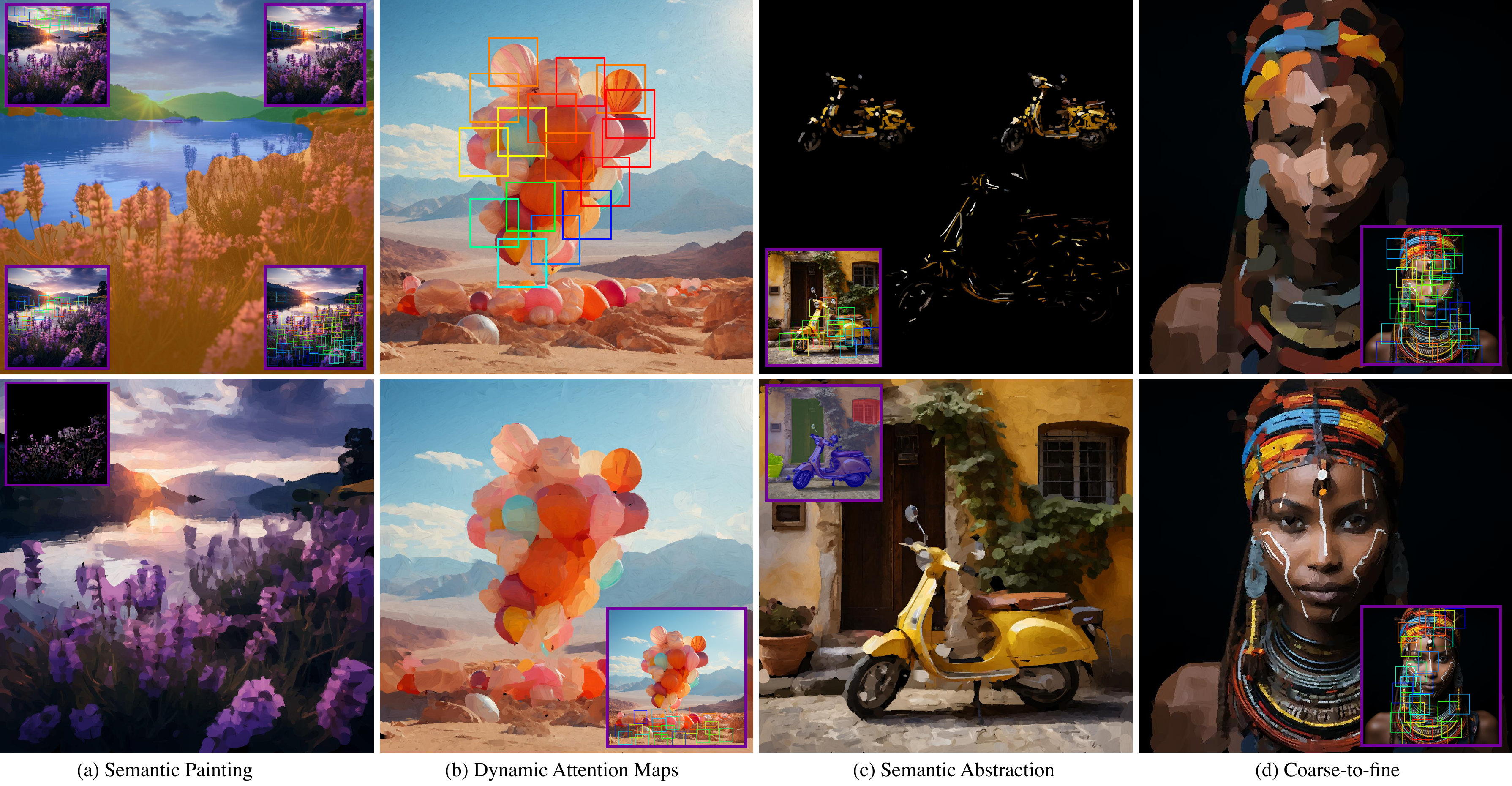 Images painted by artificial intelligence including a field, balloons, a scooter and a woman.