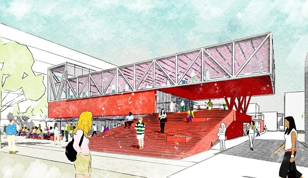 colorful drawing of an entrance to a community service hub