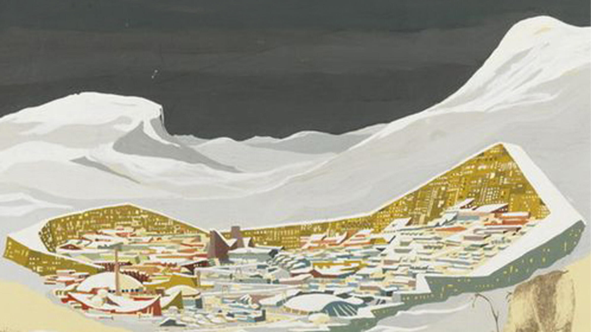 color drawing of Arctic Town by Ralph Erskine (1958)
