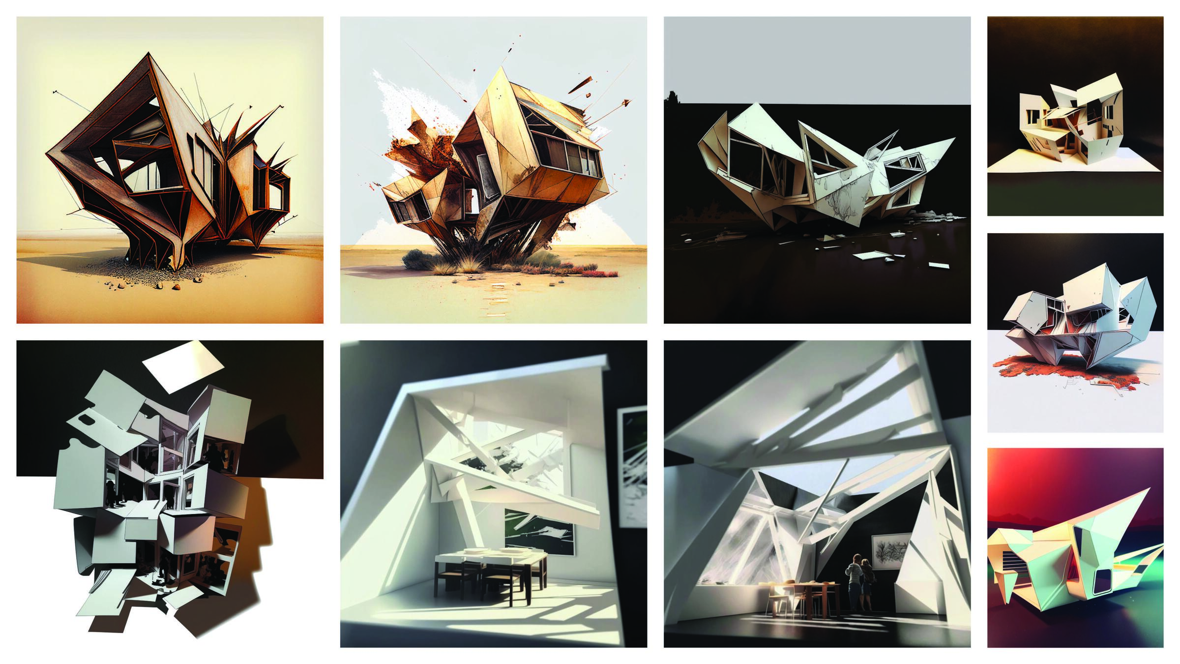 Grid of artistic renderings of a structure.