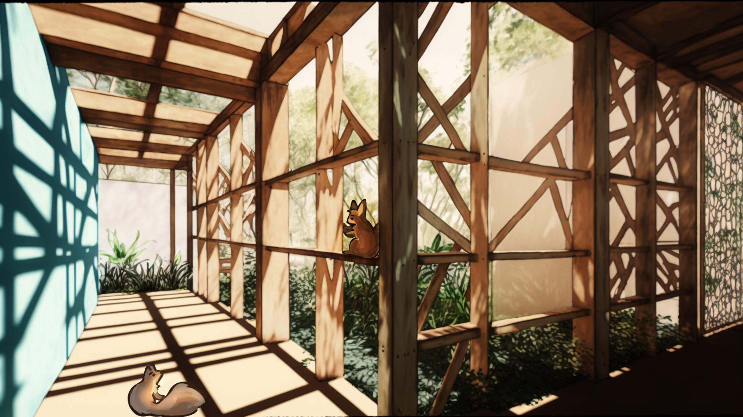 Interior of space with wooden structure, natural light and a squirrel.