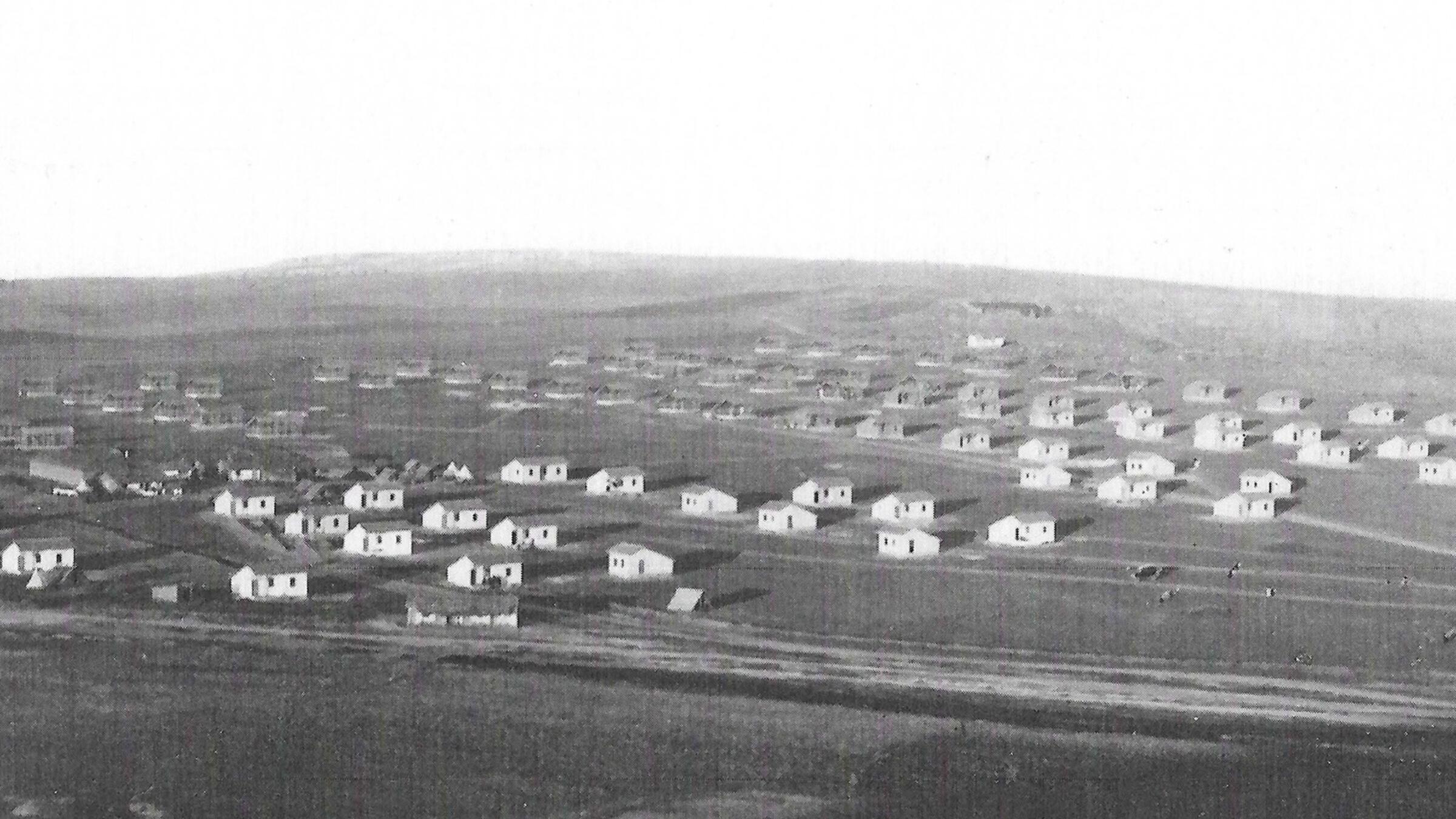a hillside with houses from afar in black and white