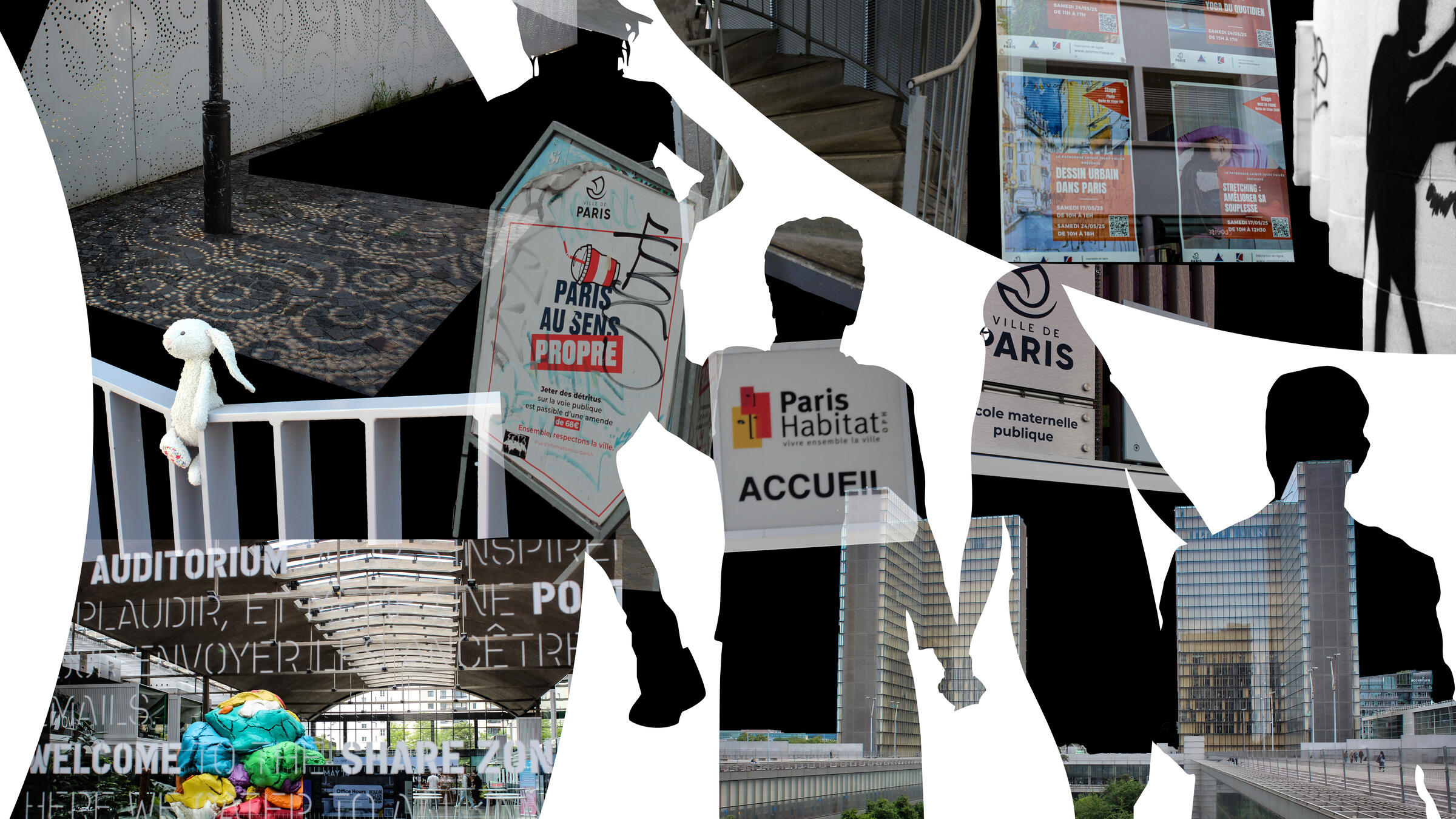 Photography collage showcasing select aspects of living in social housing around Paris