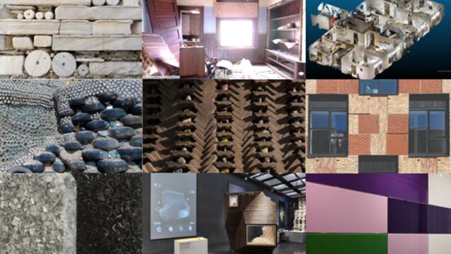 a collage of photographs of building material reuse