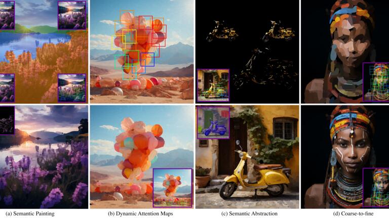 Images painted by artificial intelligence including a field, balloons, a scooter and a woman.