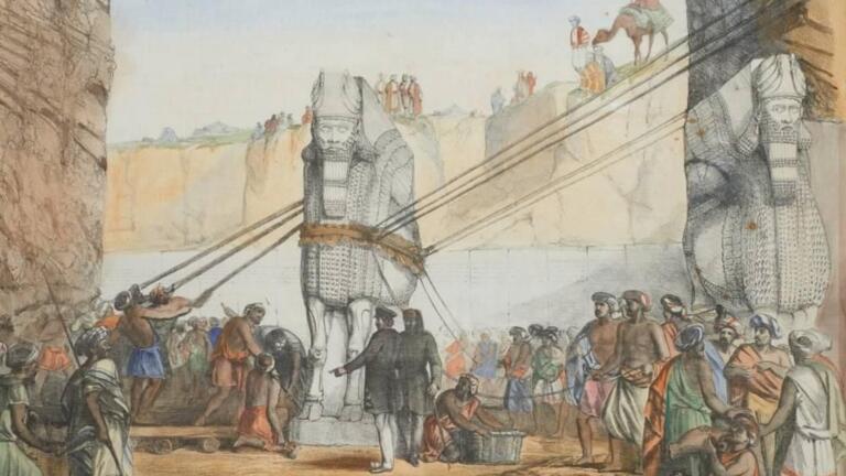 Possibly George Scharf (1820–1895), Layard and Rassam at work in Nimrud, c. 1850–60, hand-colored lithograph on canvas.