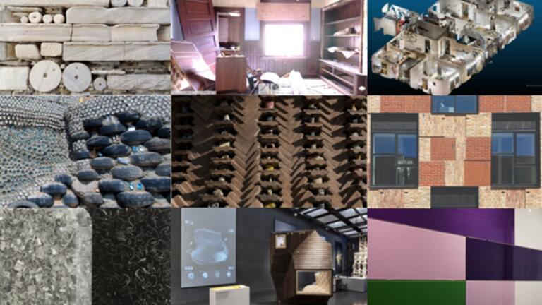 a collage of photographs of building material reuse
