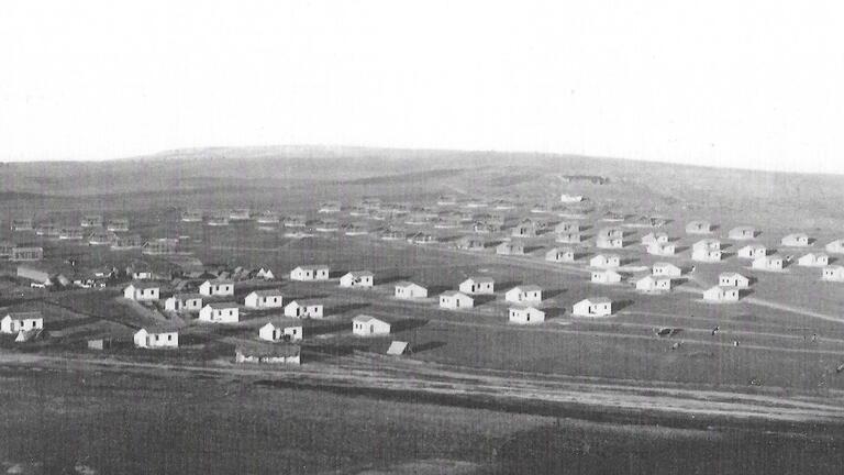 a hillside with houses from afar in black and white