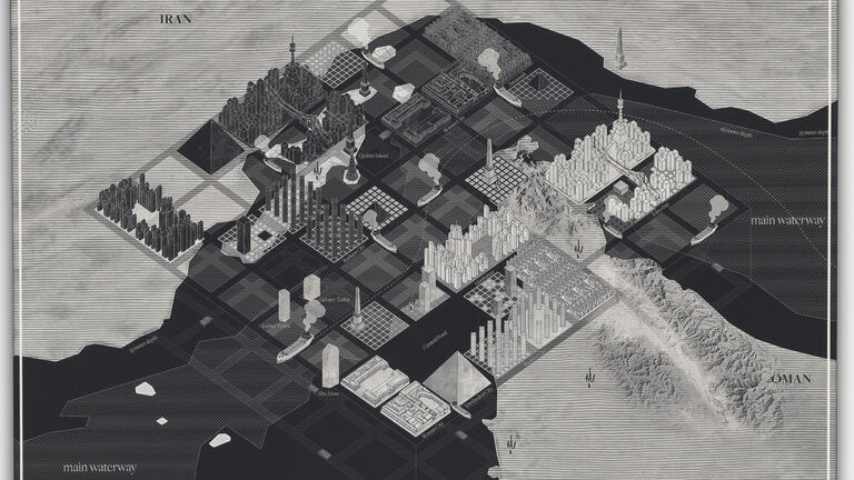 After Oil (Strait of Hormuz Grand Chessboard), 2016. Rania Ghosn, El Hadi Jazairy.