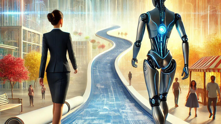 AI-generated image of woman and robot walking down a road made out of a blueprint