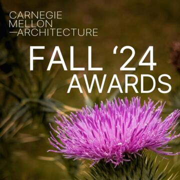 Fall 2024 Architecture Awards poster with a photo of a bright purple thistle