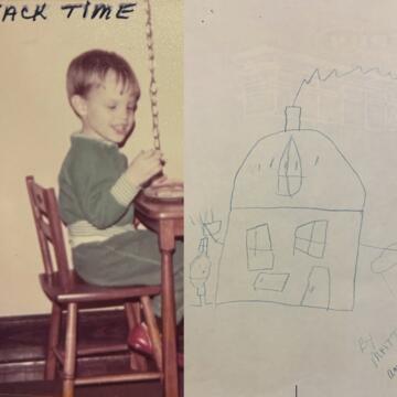 Mick McNutt profile photo image, image of a child in a chair and a drawing of a house with arms and hands
