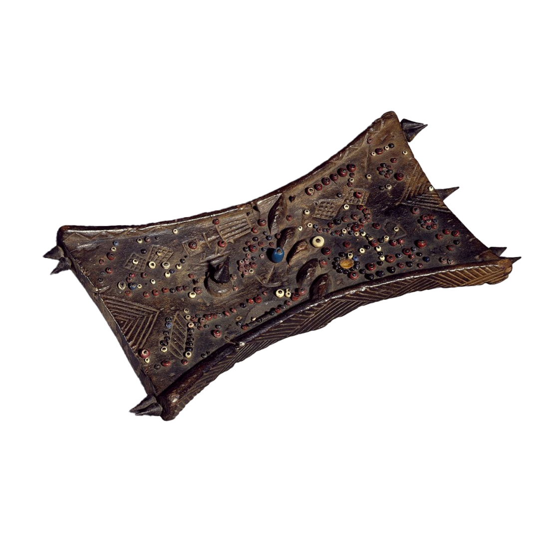 Lukasa memory board, hourglass-shaped wooden tablet covered with multicolored beads and carved symbols