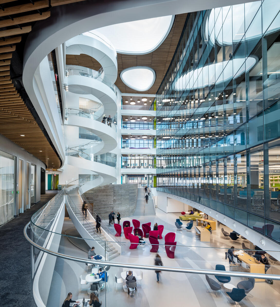 Interior of “ISEC”: Northeastern University - Interdisciplinary Science & Engineering Complex - 805 Columbus Ave, Boston, MA. Photo by Warren Jagger. Courtesy of Jensen Ying. Interior of ISEC at Northeastern University.