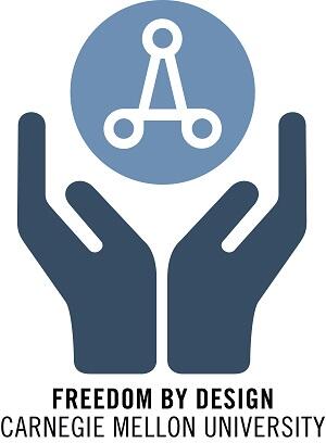 Freedom By Design logo of two hands holding up a blue circle icon