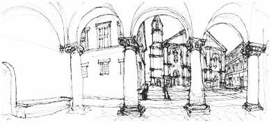 Hand drawing by Ray Gindroz drawing of a European city colonnade
