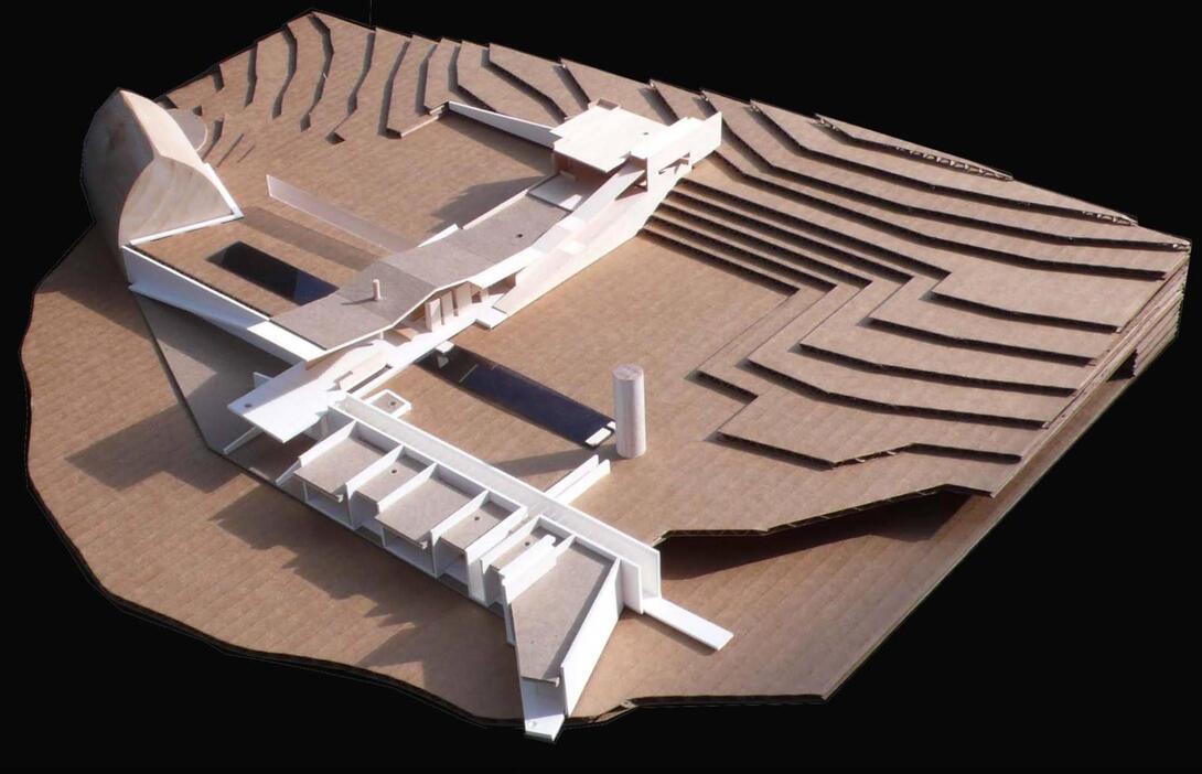 An early model of the project. Image courtesy of Gerard Damiani. Cardboard model of the Thorne Residence Design.