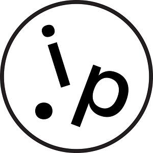 black and white logo with an i, p and dot in a circle