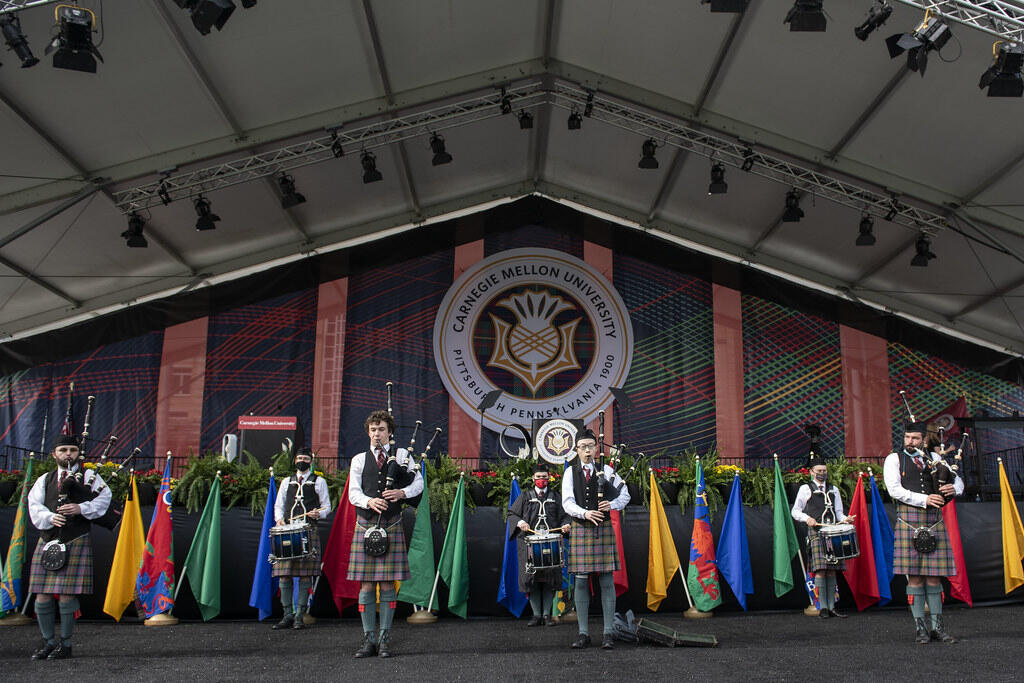 Bagpipers perform onstage during CMU’s Main Commencement Ceremony. Credit: Carnegie Mellon University Bagpipers perform onstage during CMU’s Main Commencement Ceremony