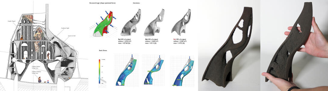 Lithopic House studio: Section, component shaping simulation strategy, and 3D sand prints by Longney Luk and Louis Suarez.