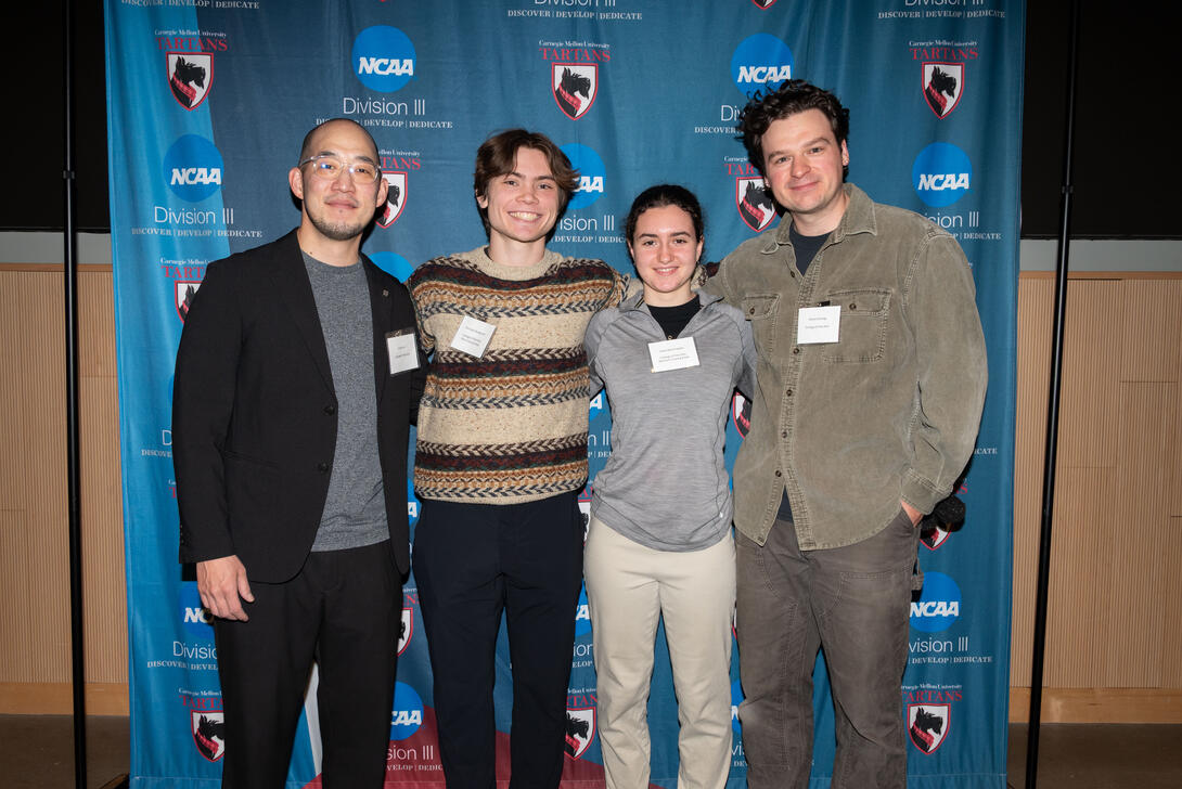 Christian Duckworth (B.Arch ’27) and Hazel Buonopane (B.Arch ’28) are recognized during CMU’s Student-Athlete Academic Achievement Celebration, which honors the top junior and senior male and female student-athletes from each college. Both students are top pole vaulters on CMU’s Track & Field team. From left to right: Assistant Professor Juney Lee, Christian Duckworth (B.Arch ’27), Hazel Buonopane (B.Arch ’28), and ArchShop Assistant Director & Adjunct Instructor Steven Sontag.