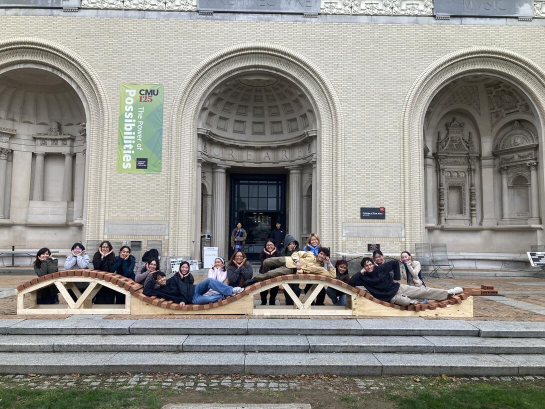 Students in Associate Professor Gerard Damiani's course "48-215: Materials & Assembly" build a brick masonry installation in front of the College of Fine Arts building. Now in its third year, the project is a collaboration between Carnegie Mellon Architecture and the Mason Contractors Association of Western Pennsylvania.