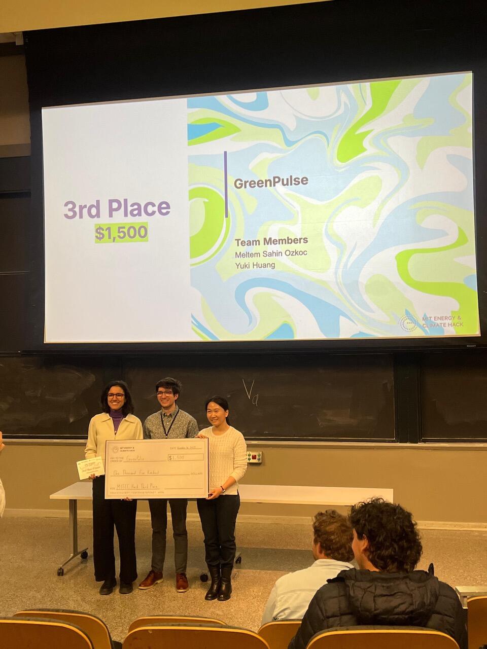 Meltem Sahin Ozkoc (MSBPD '26) and Yuki Huang (MSSD '26) place 3rd and receive a $1,500 award in the 11th annual MIT Energy & Climate Hackathon 2025 for their project "GreenPulse On: Geo-Aware HVAC Setback Advisor Powered by COMSOL."