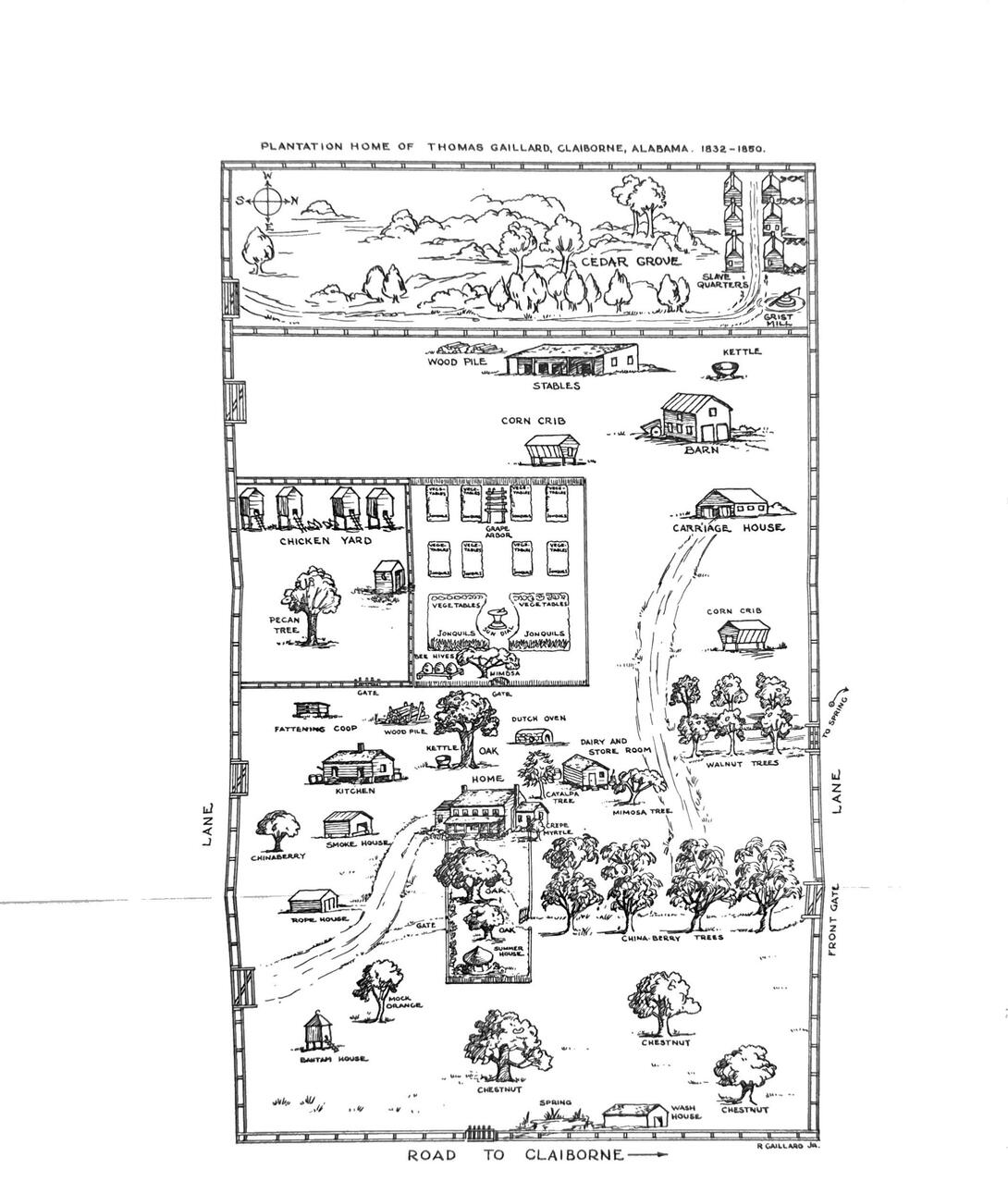 Map of Gaillard Plantation on the Alabama River, Source: Caroline Gaillard Hurtel, The River Plantation (1959), Alabama State Archives.