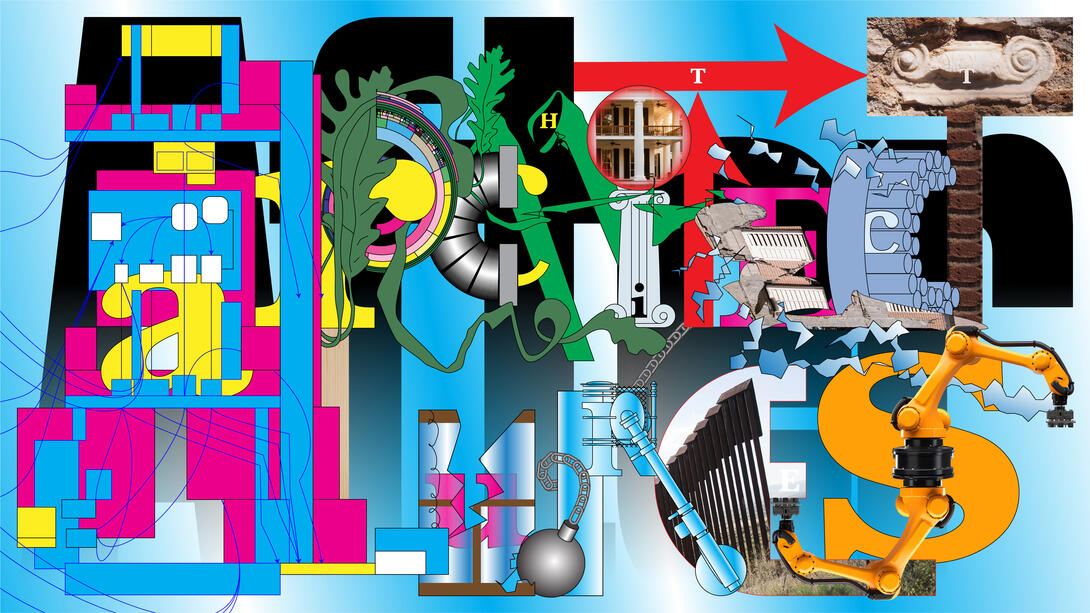 graphically dense image that says "architecture afters" in stylized text