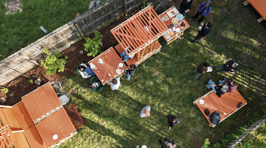Aerial view of the tea garden follies developed from the 2026 Spring Carnival pavilion "From Frame to Folly," led by Sydney Mansavage (B.Arch ’27) and Emma Phelps (B.Arch ’27) of the Architectural Crafts Collective student group, with faculty advisors Kristina Fisher and Neal Lucas Hitch. Credit: Architectural Crafts Collective